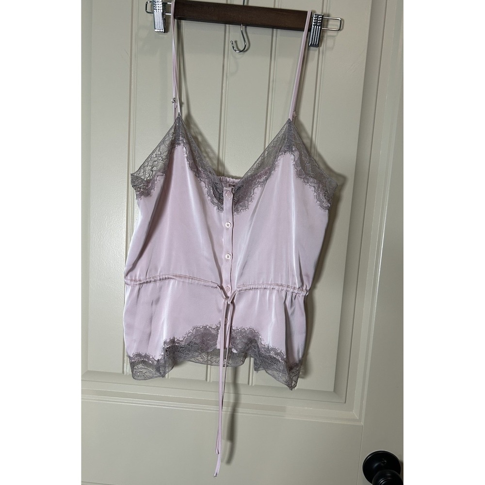 Zara Women's Satin Top Camisole Sz M Chalk Pink Lace Adjust Waist Tie Nightwear